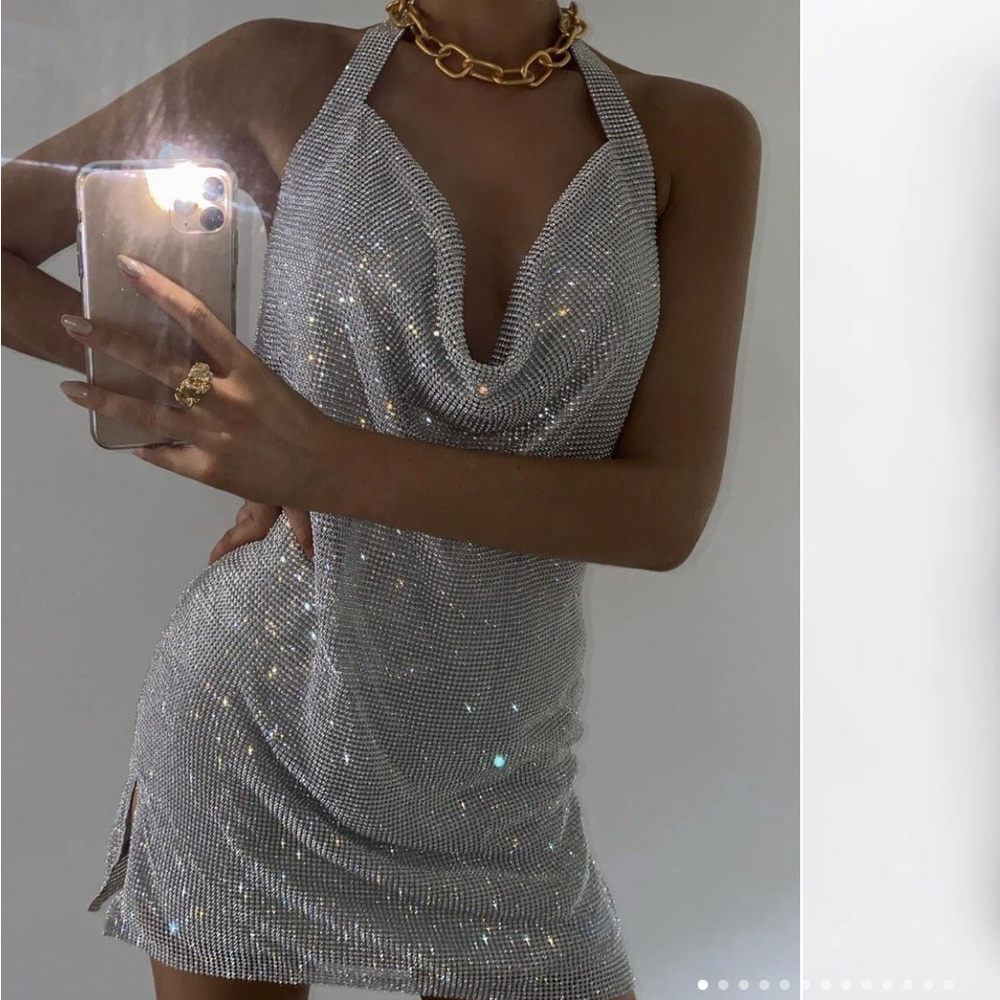 Meshki Meilani low back silver dress NWT